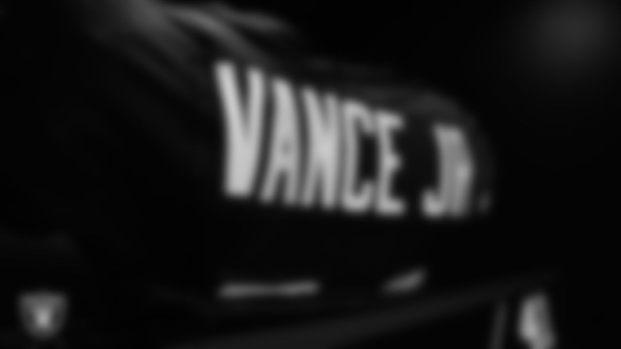 Las Vegas Raiders cornerback Greedy Vance's (41) pads in the locker room prior to the Raiders' arrival for their regular season home game against the New York Giants at Allegiant Stadium.