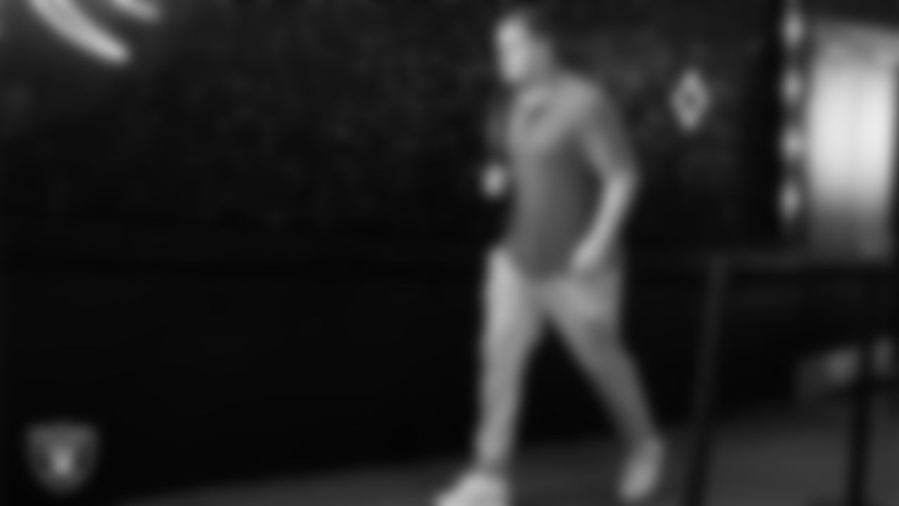 Las Vegas Raiders center Will Putnam (67) arrives to the regular season home game against the Denver Broncos at Allegiant Stadium.