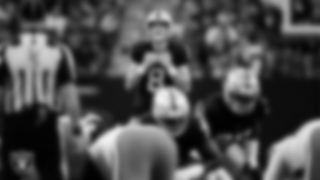 Las Vegas Raiders kicker Daniel Carlson (8) lines up before kicking a 48-yard field goal during the regular season home game against the Cleveland Browns at Allegiant Stadium.