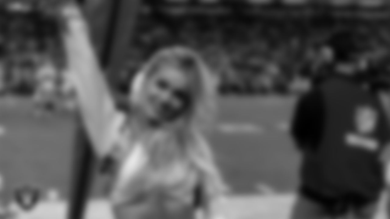 Raiderette Pip on the sidelines during the regular season home game against the Dallas Cowboys at Allegiant Stadium.