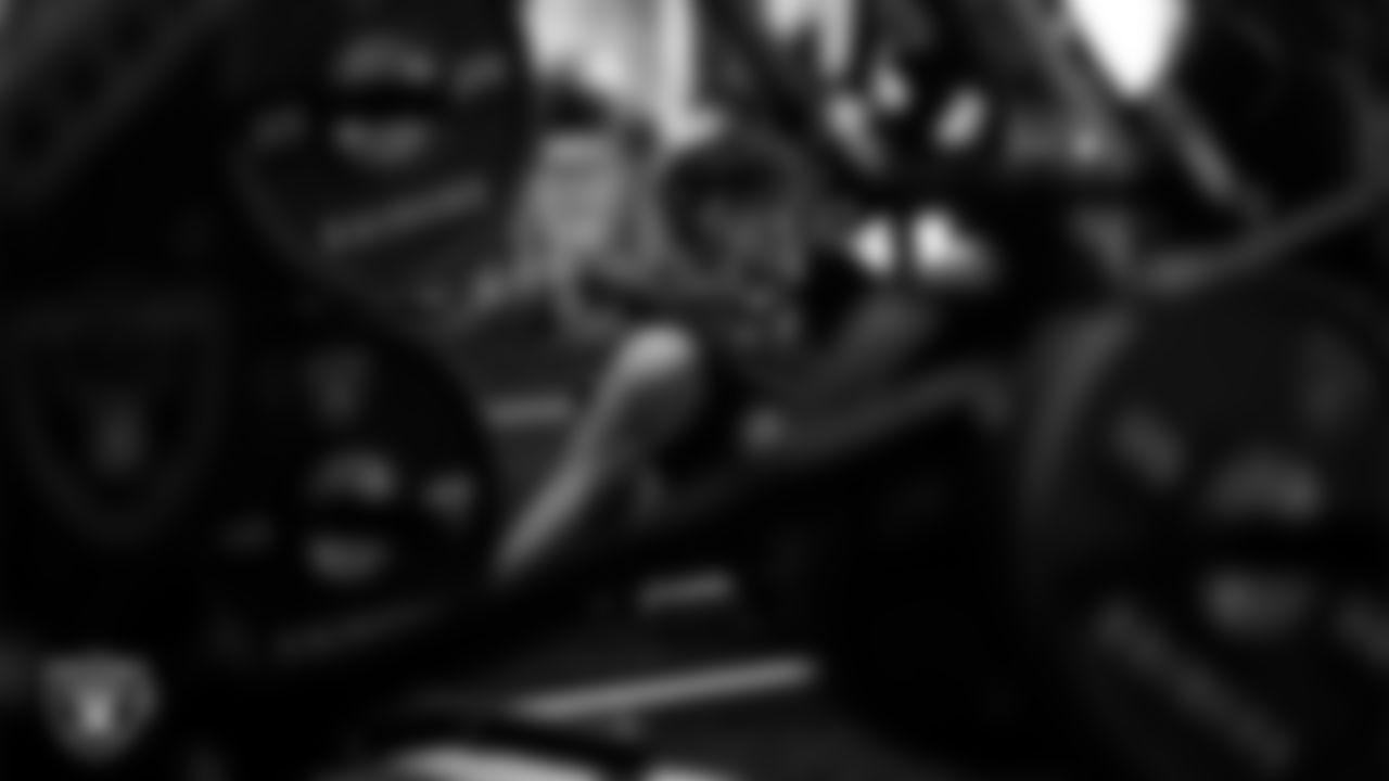 Las Vegas Raiders kicker Daniel Carlson (8) in the weight room during practice at Intermountain Health Performance Center.