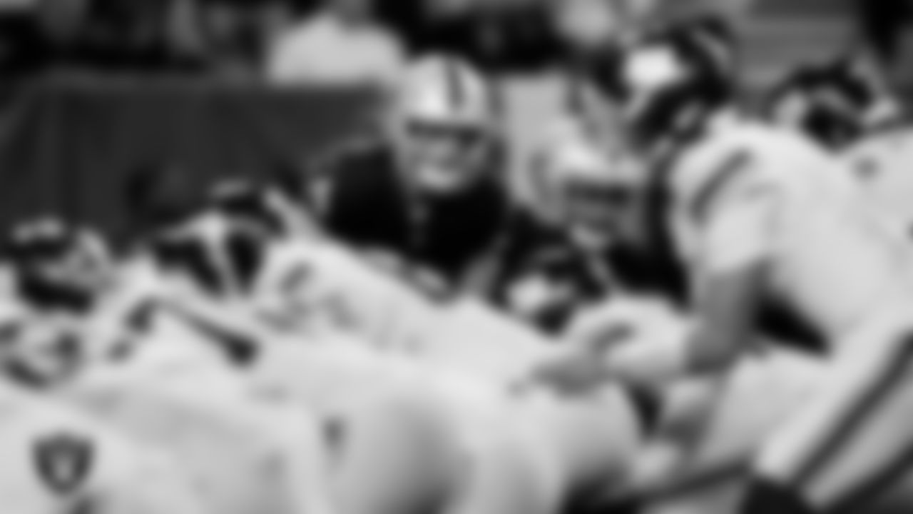 Las Vegas Raiders linebacker Tommy Eichenberg (44) lines up before the snap during the regular season home game against the New York Giants at Allegiant Stadium.