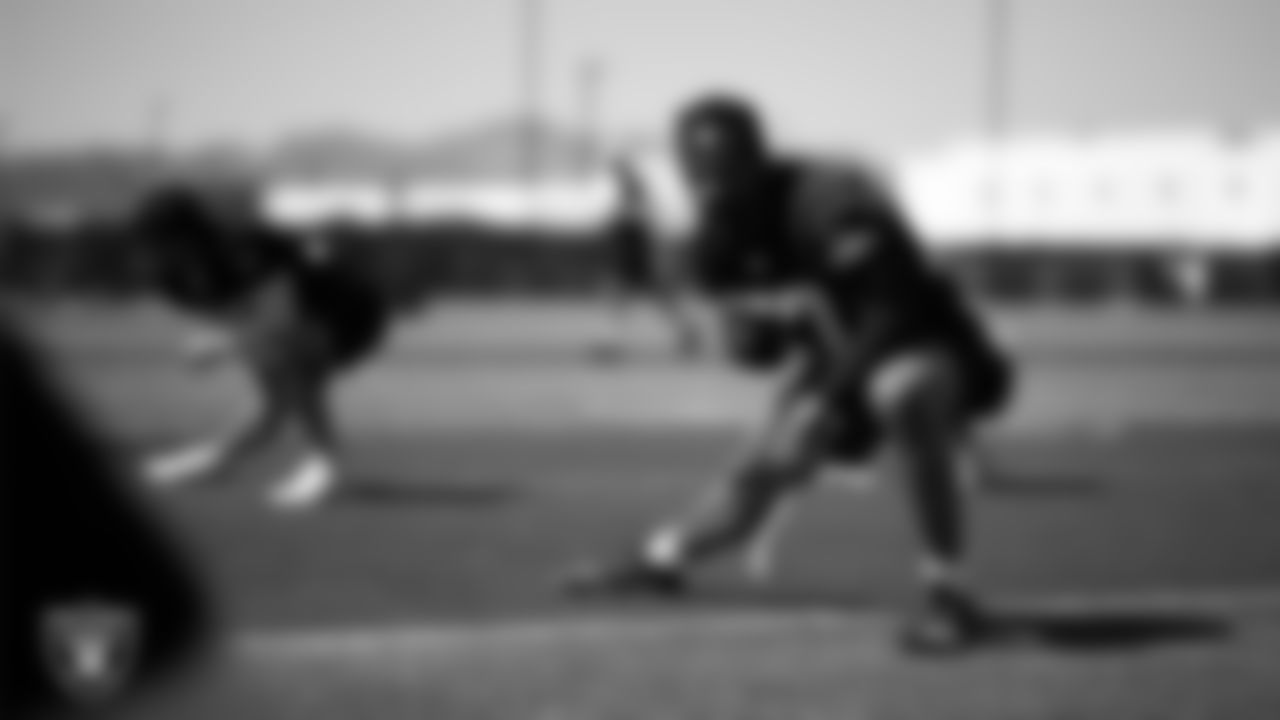 Las Vegas Raiders linebacker Jailin Walker (57) at a workout during phase two of the offseason program at Intermountain Health Performance Center.