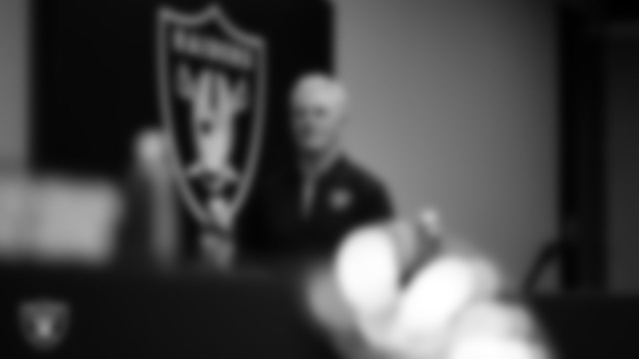 Las Vegas Raiders alumnus Rich Gannon during Head Coach Klint Kubiak's introductory press conference at Intermountain Health Performance Center.