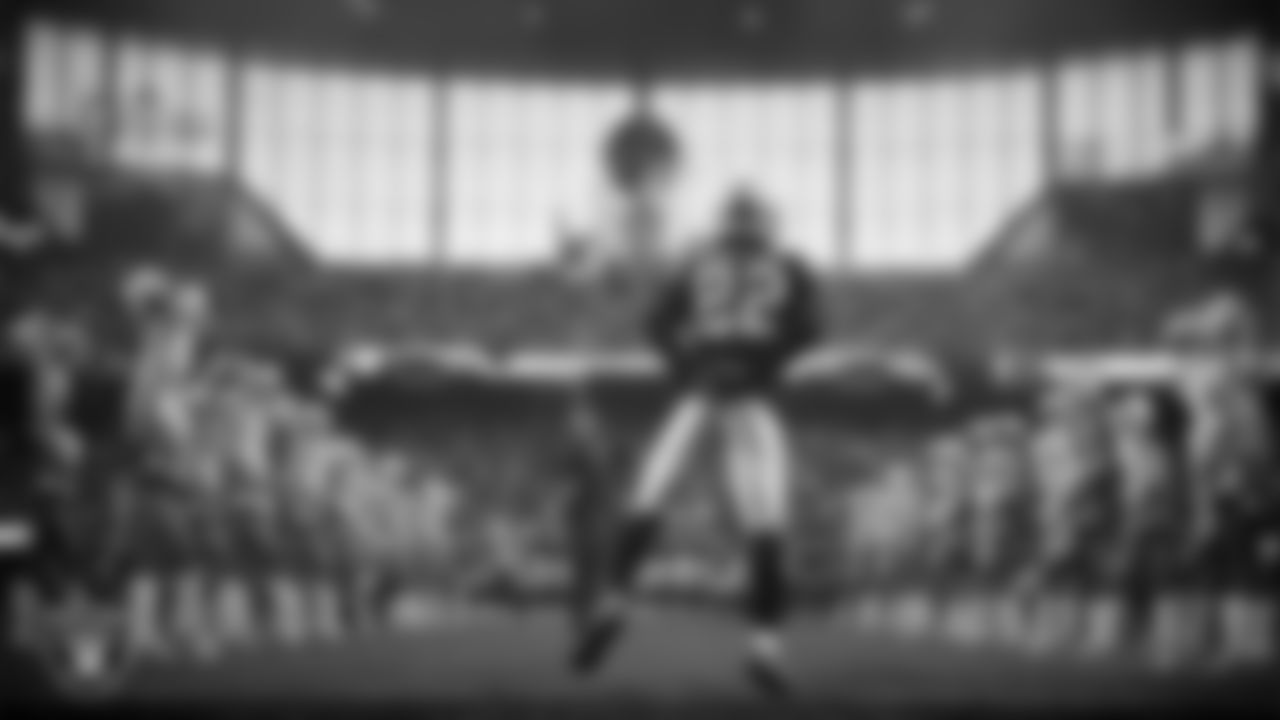 Las Vegas Raiders cornerback Eric Stokes (22) is introduced onto the field before the regular season home game against the Denver Broncos at Allegiant Stadium.