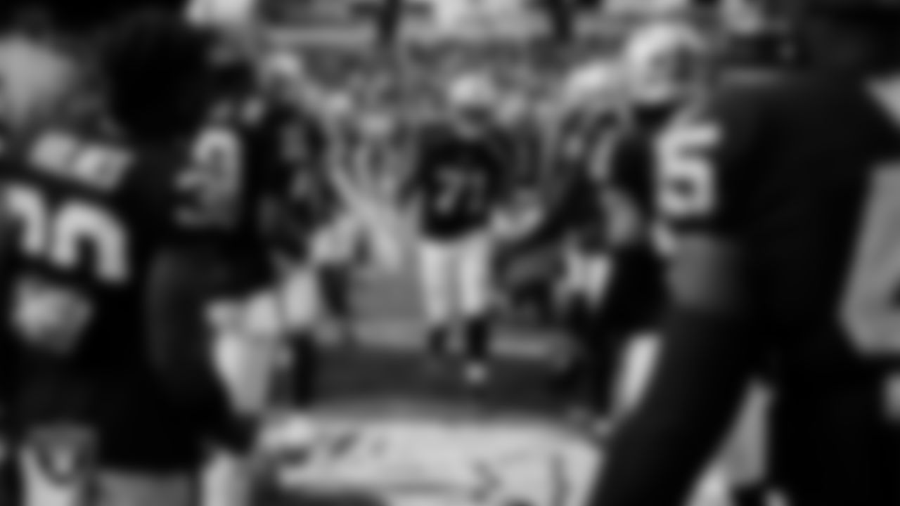 Las Vegas Raiders tackle DJ Glaze (71) is introduced onto the field before the regular season home game against the New York Giants at Allegiant Stadium.