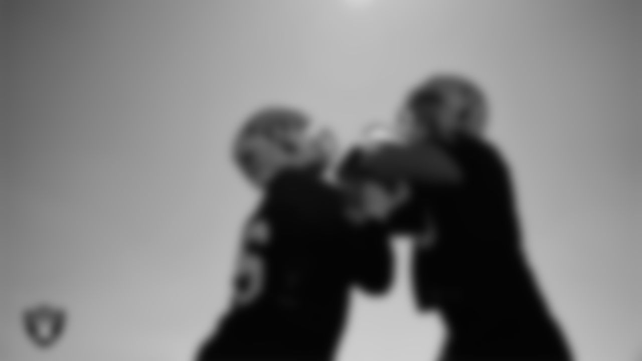 Las Vegas Raiders guard Caleb Rogers (76) and tackle Dalton Wagner (78) during practice at Intermountain Health Performance Center.