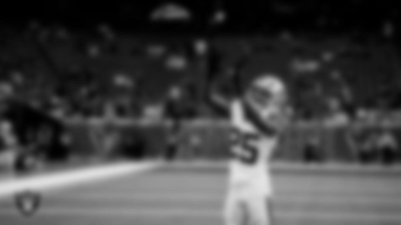 Las Vegas Raiders cornerback Decamerion Richardson (25) warming up before the regular season away game against the Houston Texans at NRG Stadium.