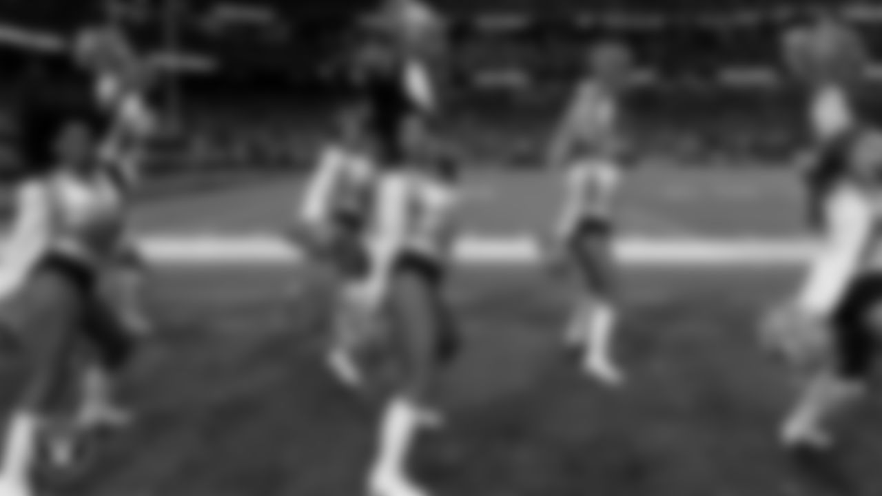 Line 4 of the Raiderettes performs on the sidelines during the regular season home game against the Dallas Cowboys at Allegiant Stadium.