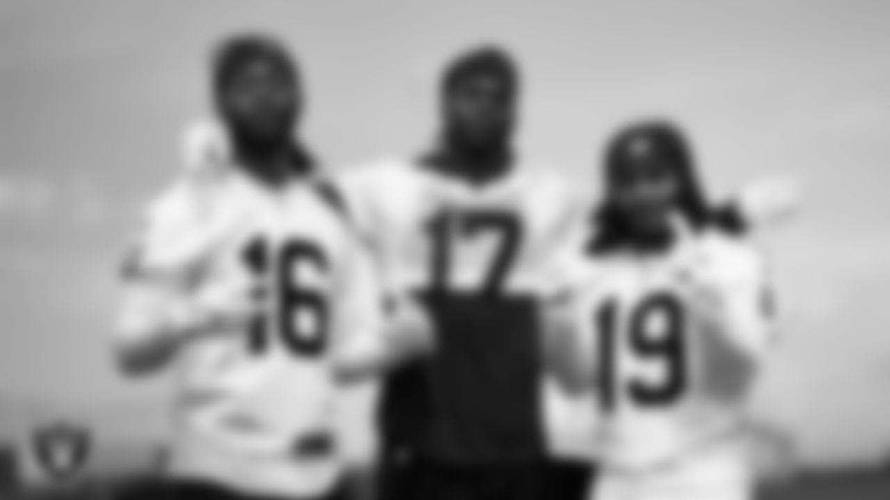 Las Vegas Raiders wide receiver Jakobi Meyers (16), wide receiver Davante Adams (17) and wide receiver DJ Turner (19) at a workout during phase two of the offseason program at Intermountain Health Performance Center.