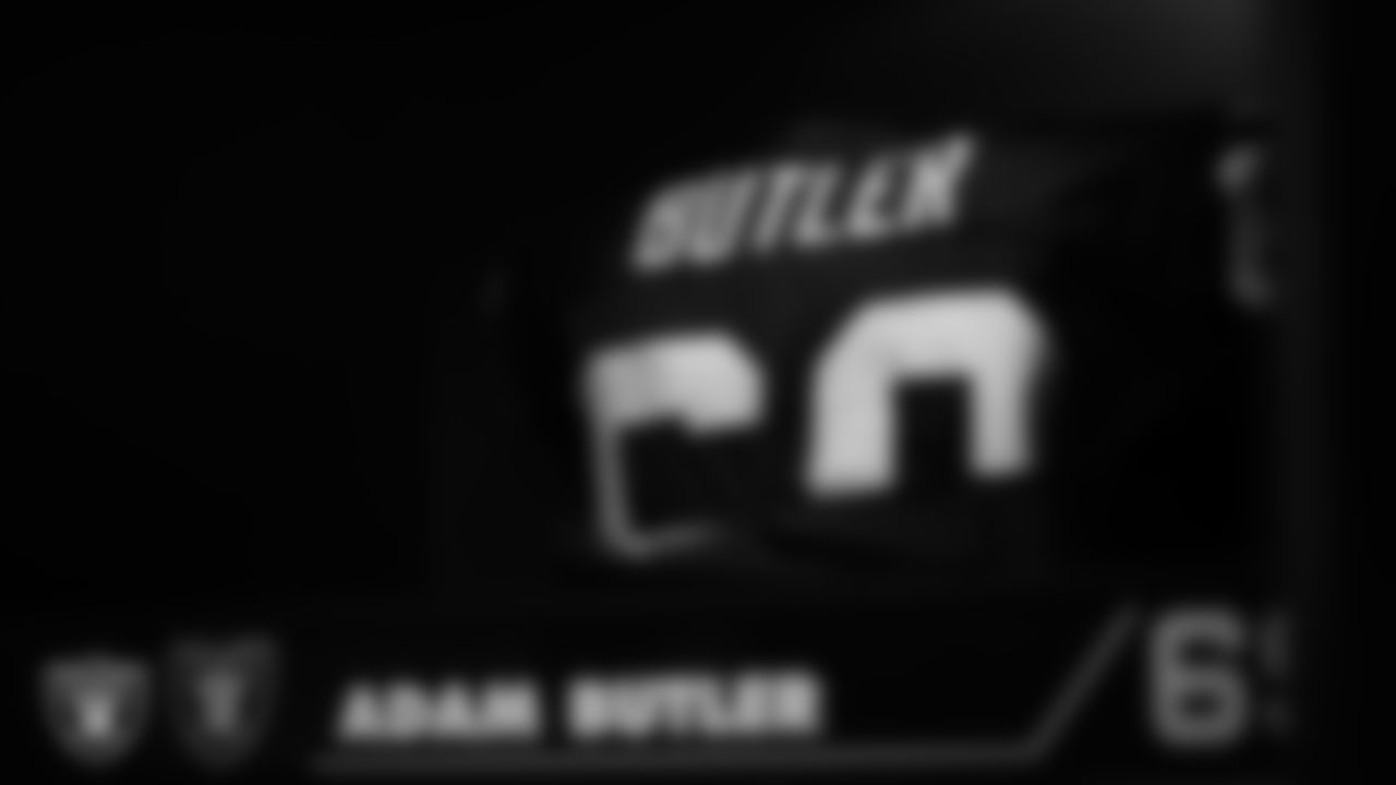 Las Vegas Raiders defensive tackle Adam Butler's (69) pads in the locker room prior to the Las Vegas Raiders' arrival for their regular season home game against the Dallas Cowboys at Allegiant Stadium.