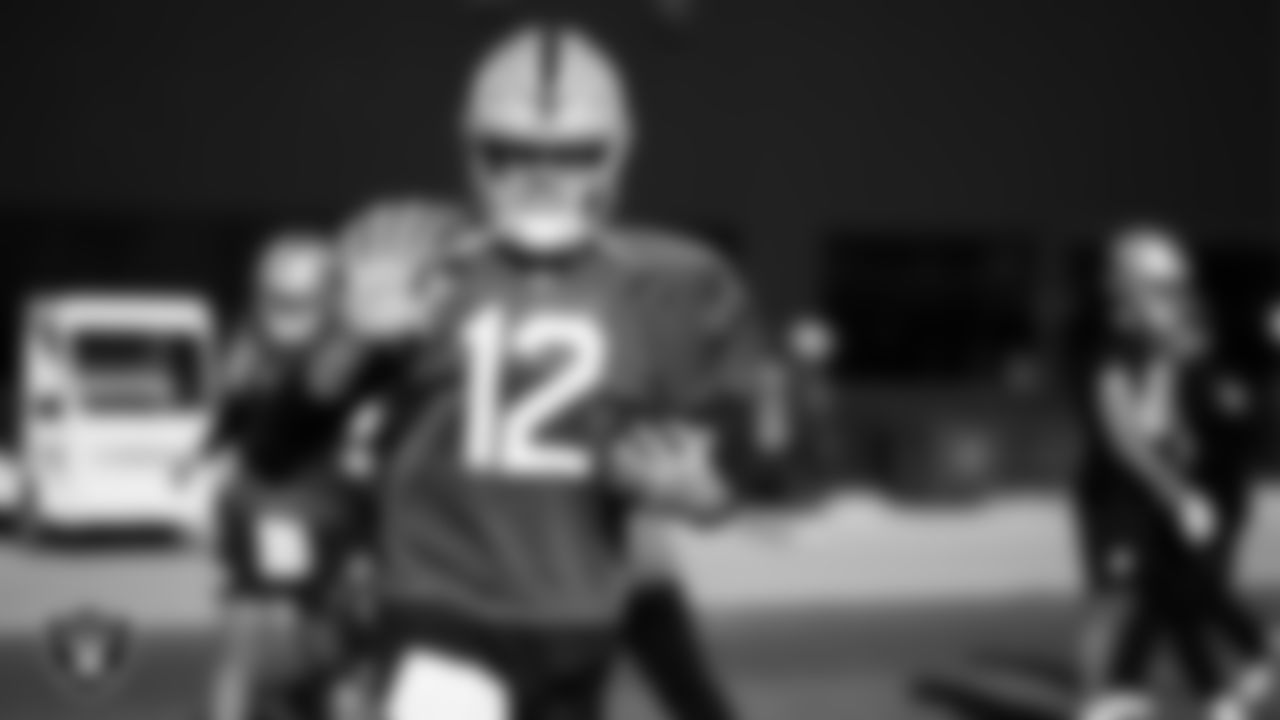 Las Vegas Raiders quarterback Aidan O'Connell (12) during practice at Intermountain Health Performance Center.