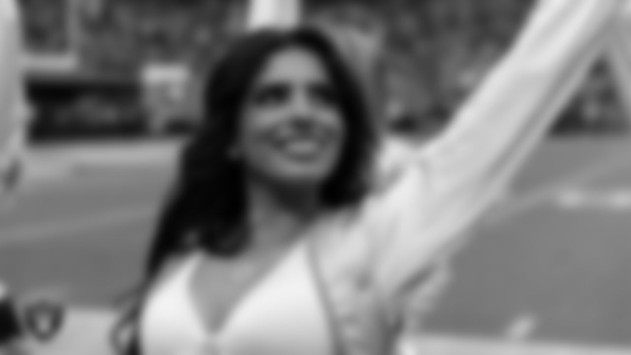 Raiderette Annalise on the sidelines during the preseason home game against the San Francisco 49ers at Allegiant Stadium.