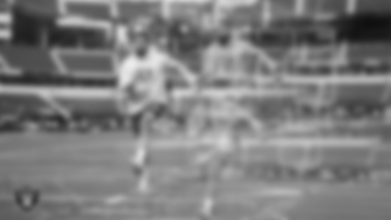 Las Vegas Raiders offensive lineman Stone Forsythe (70) warming up before the regular season away game against the Los Angeles Chargers at SoFi Stadium.