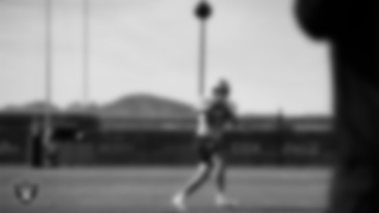 Las Vegas Raiders tight end Michael Mayer (87) on the field for practice at 2025 Training Camp at Intermountain Health Performance Center.