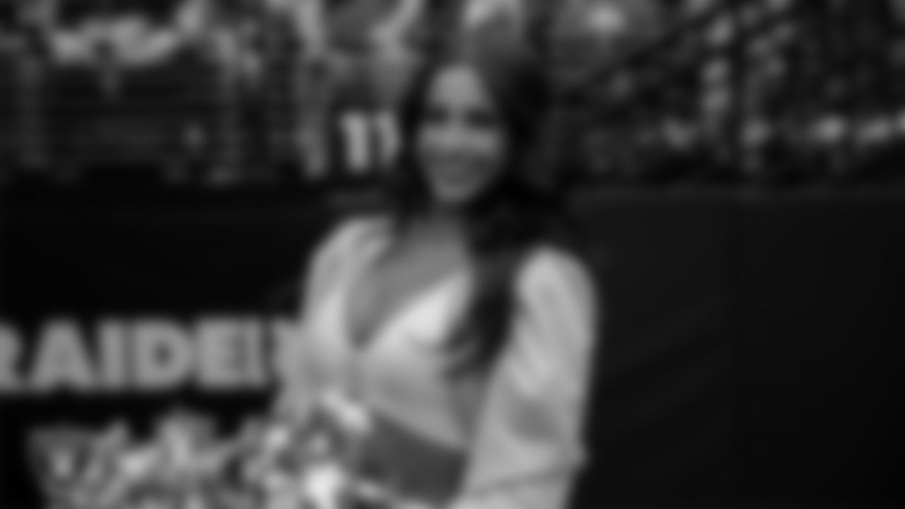 Raiderette Raegen on the sidelines during the regular season home game against the New York Giants at Allegiant Stadium.