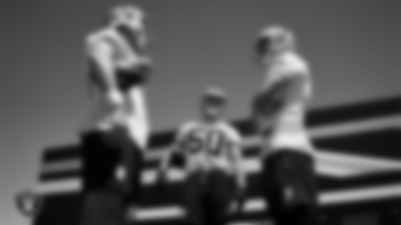 Las Vegas Raiders kicker Daniel Carlson (8), long snapper Jacob Bobenmoyer (50) and punter AJ Cole (6) at an Organized Team Activity (OTA) at Intermountain Health Performance Center.