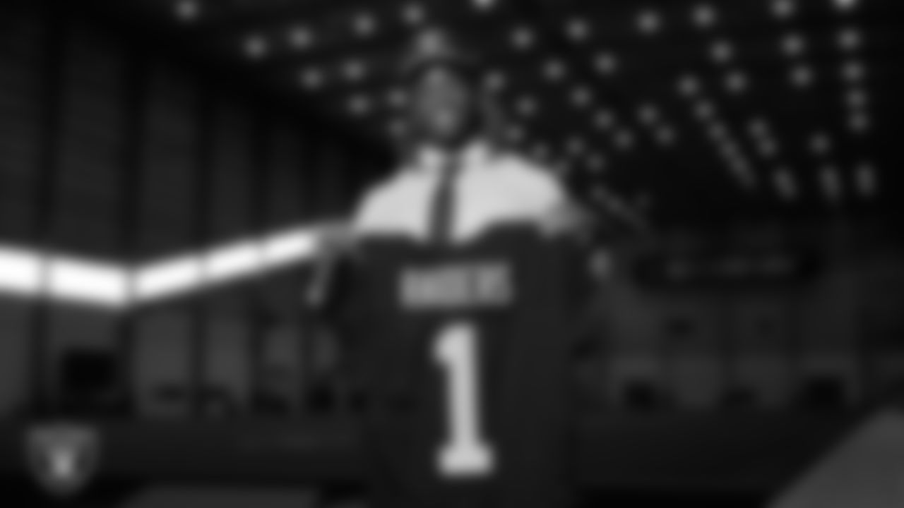 Las Vegas Raiders first-round draft pick running back Ashton Jeanty poses for a photo on the indoor field at Intermountain Health Performance Center following his selection in the 2025 NFL Draft.