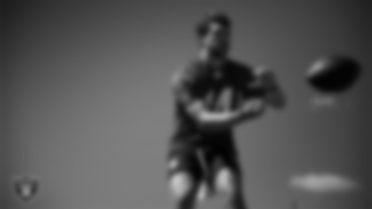 Las Vegas Raiders quarterback Carter Bradley (14) at a workout during phase two of the offseason program at Intermountain Health Performance Center.