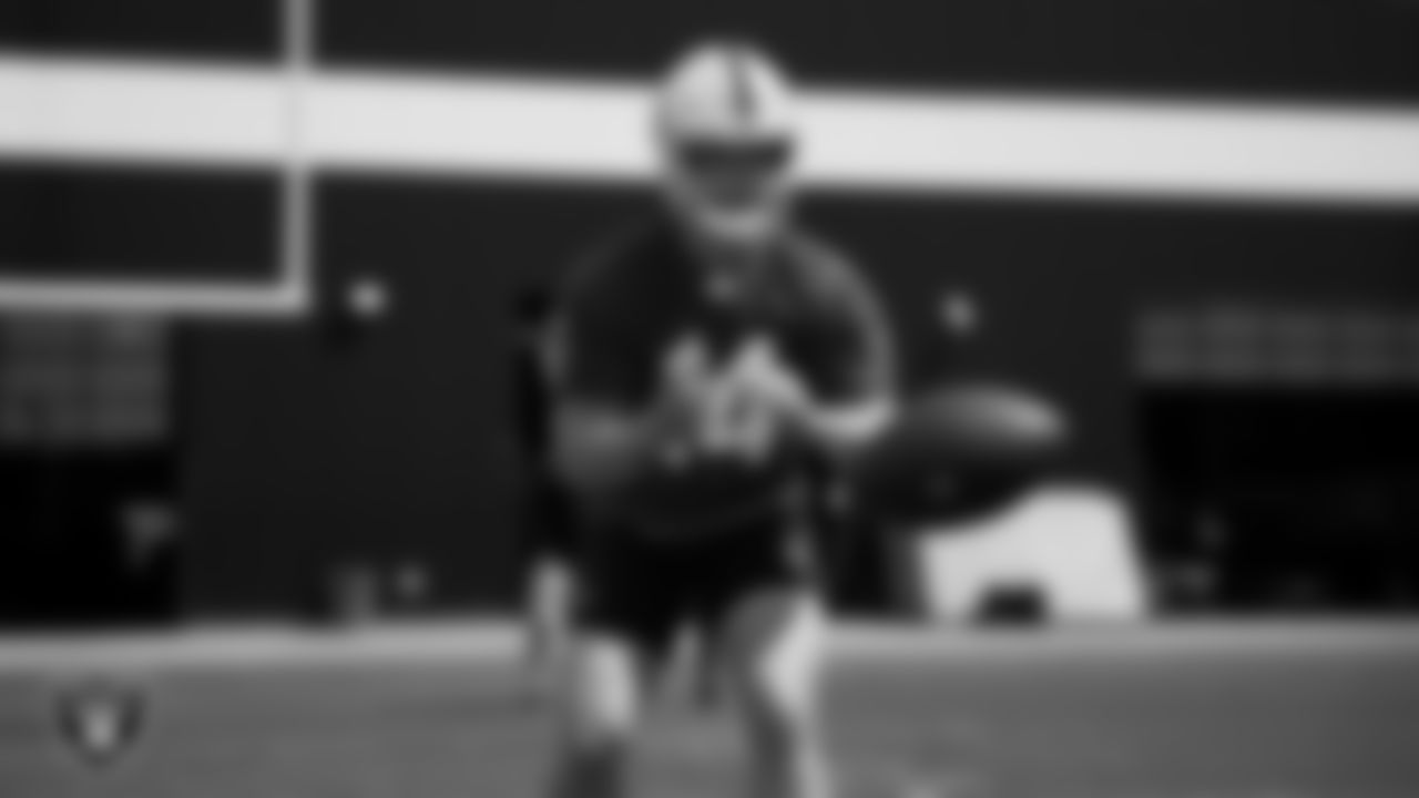 Las Vegas Raiders quarterback Carter Bradley (14) at Day Three of 2025 Veteran Minicamp at Intermountain Health Performance Center.