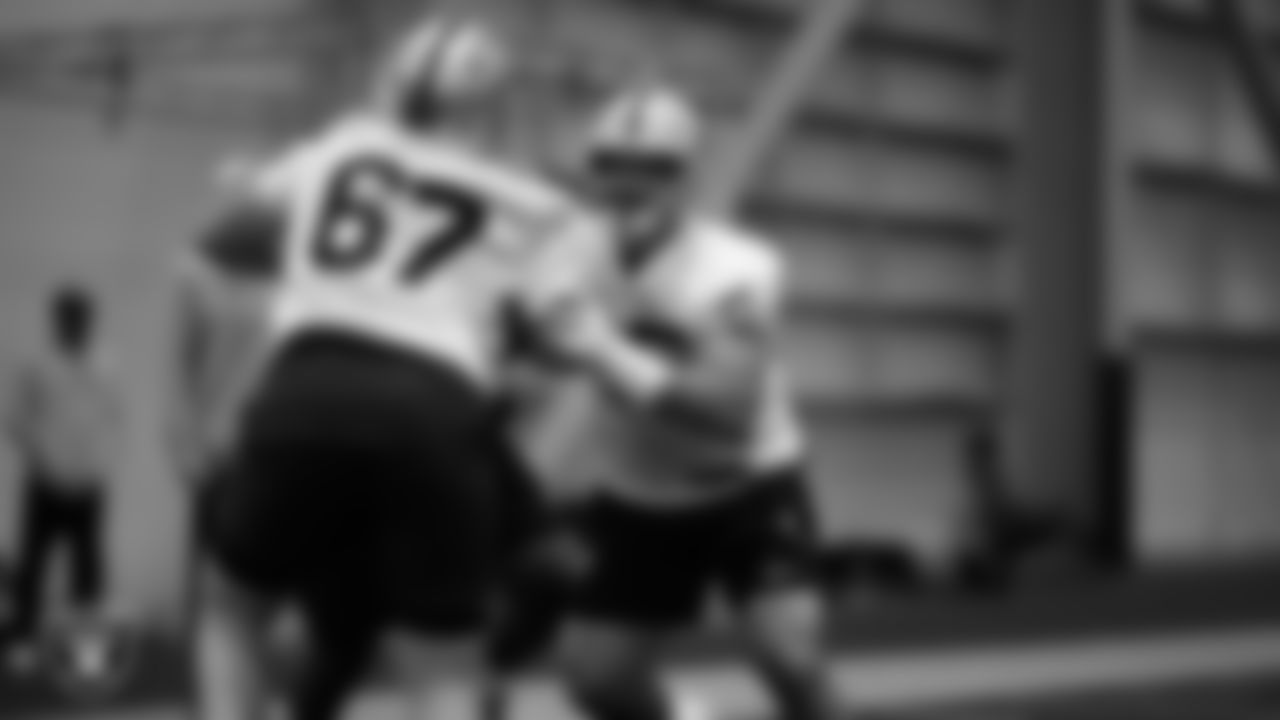 Las Vegas Raiders center Will Putnam (67) and guard Cody Whitehair (65) during practice at Intermountain Health Performance Center.