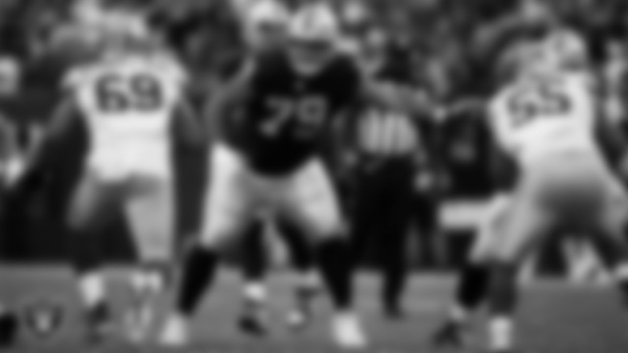 Las Vegas Raiders offensive lineman Laki Tasi (79) blocks during the preseason home game against the San Francisco 49ers at Allegiant Stadium.