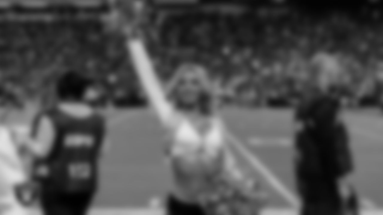 Raiderette Hayley on the sidelines during the regular season home game against the Los Angeles Chargers at Allegiant Stadium.