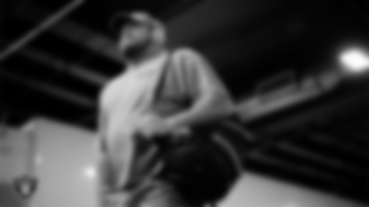 Las Vegas Raiders guard/center Jackson Powers-Johnson (58) arrives to the regular season away game against the Denver Broncos at Empower Field at Mile High.