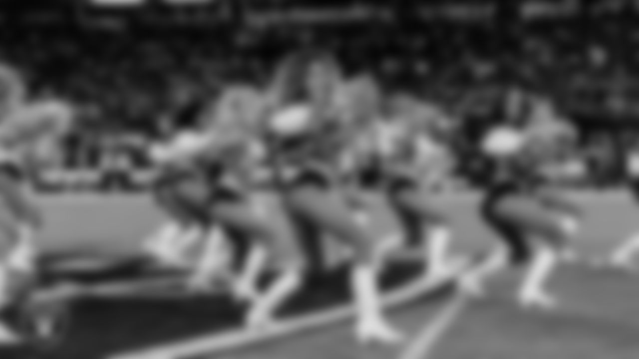 Raiderette Jenna performs on the field before the regular season home game against the Dallas Cowboys at Allegiant Stadium.