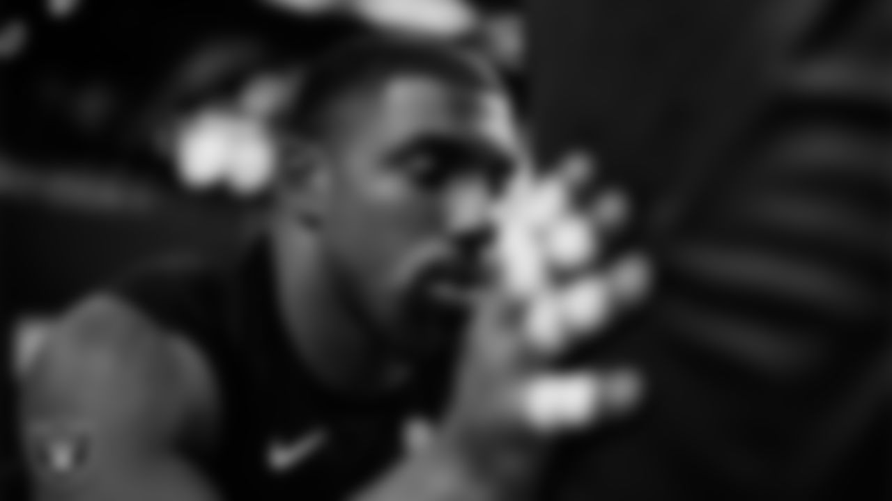 Las Vegas Raiders defensive tackle Thomas Booker IV (99) warming up before the regular season away game against the Indianapolis Colts at Lucas Oil Stadium.