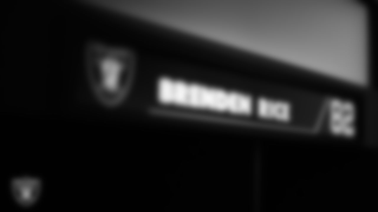 Las Vegas Raiders wide receiver Brenden Rice's (82) locker in the locker room prior to the Raiders' arrival for their regular season home game against the Denver Broncos at Allegiant Stadium.