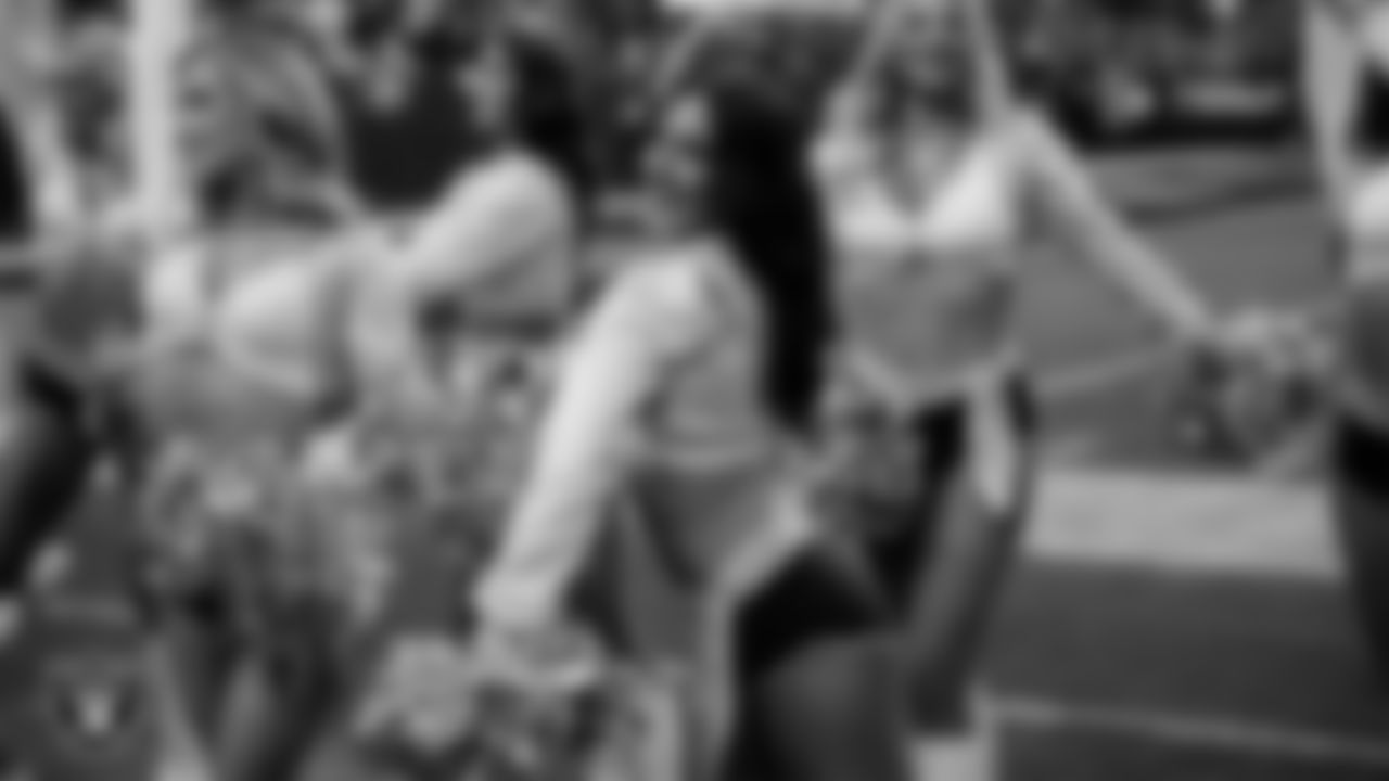 Raiderette Amanda on the sidelines during the regular season home game against the New York Giants at Allegiant Stadium.