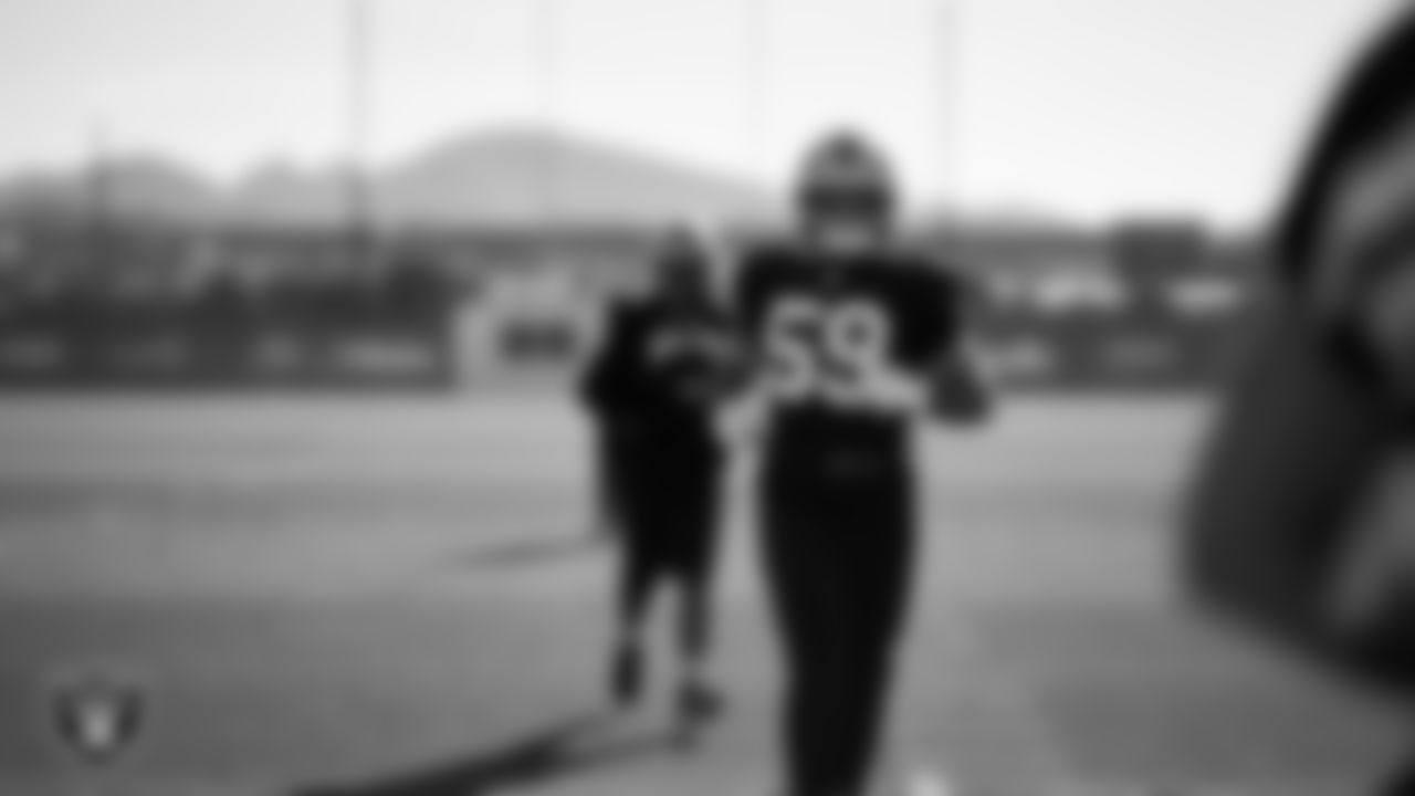 Las Vegas Raiders linebacker Jon Rhattigan (59) during practice at Intermountain Health Performance Center.