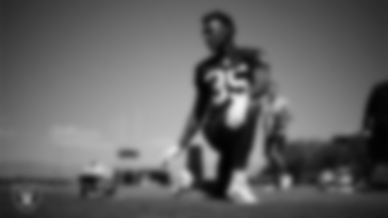 Las Vegas Raiders cornerback Mello Dotson (35) at day two of 2025 Rookie Minicamp at Intermountain Health Performance Center.