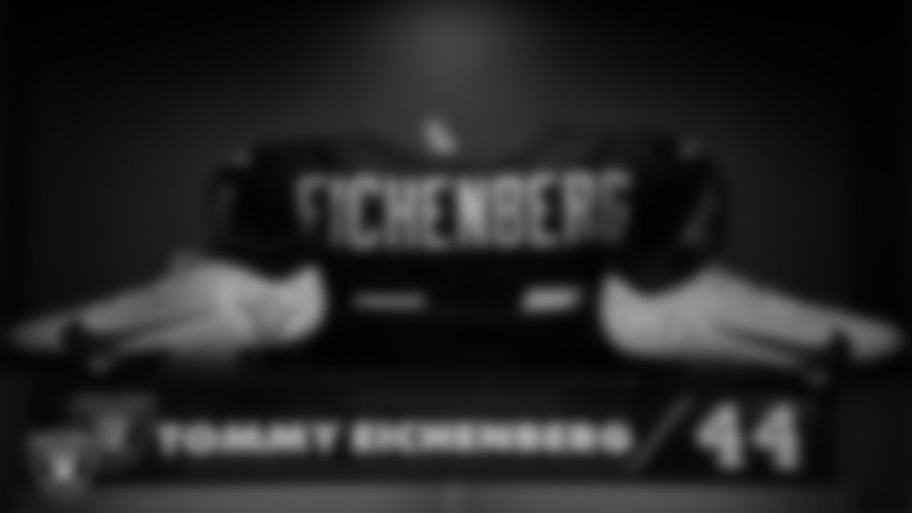 Las Vegas Raiders linebacker Tommy Eichenberg's (44) locker in the locker room prior to the Las Vegas Raiders' arrival for their regular season home game against the Cleveland Browns at Allegiant Stadium.