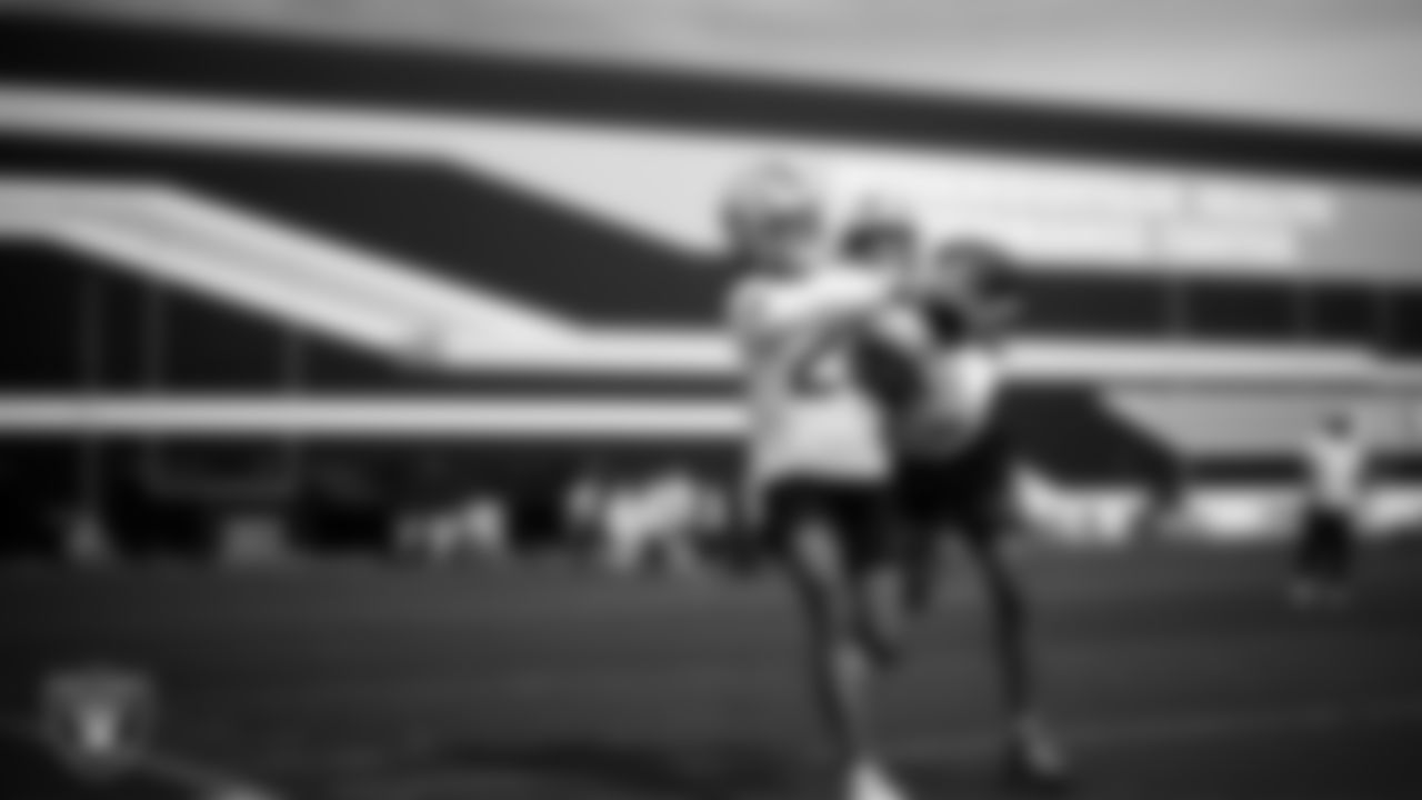 Las Vegas Raiders cornerback Darien Porter (26) and cornerback Greedy Vance (41) during practice at Intermountain Health Performance Center.