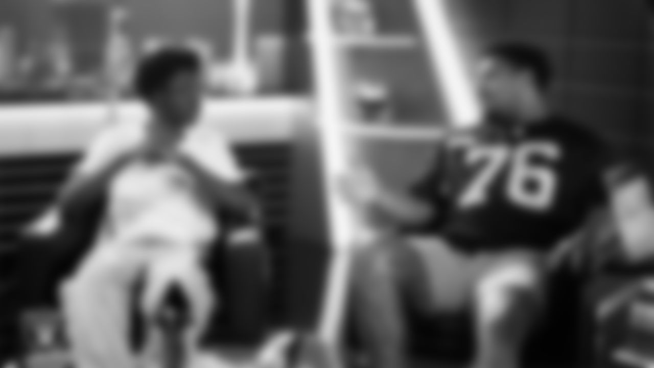 Las Vegas Raiders guard Caleb Rogers (76) works with representatives from Hope Means Nevada and designers to design cleats for My Cause My Cleats in Cox Studios at Intermountain Health Performance Center.