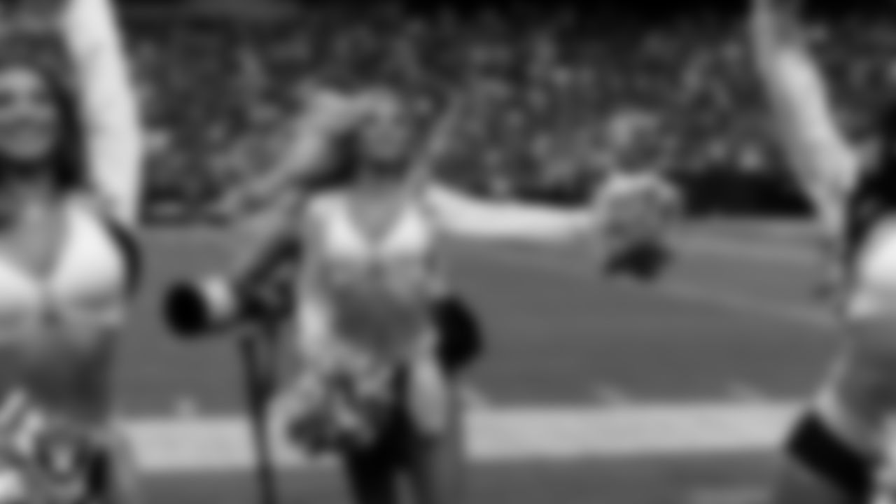 Raiderette Hayley on the sidelines during the regular season home game against the Jacksonville Jaguars at Allegiant Stadium.