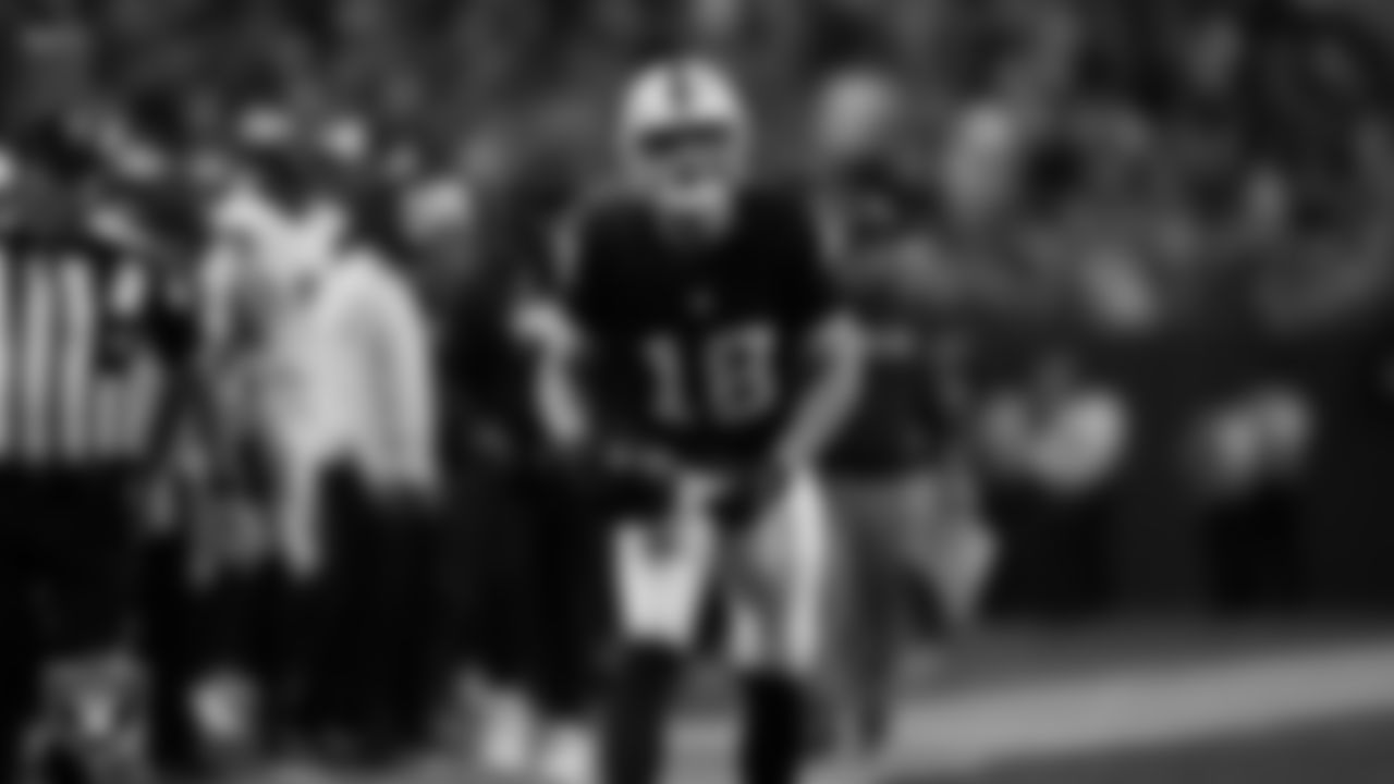 Las Vegas Raiders wide receiver Jack Bech (18) celebrates after making a first down during the regular season home game against the Denver Broncos at Allegiant Stadium.