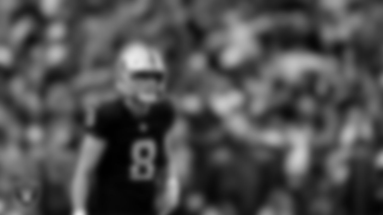 Las Vegas Raiders kicker Daniel Carlson (8) lines up before kicking a 29-yard field goal during the regular season home game against the Tennessee Titans at Allegiant Stadium.