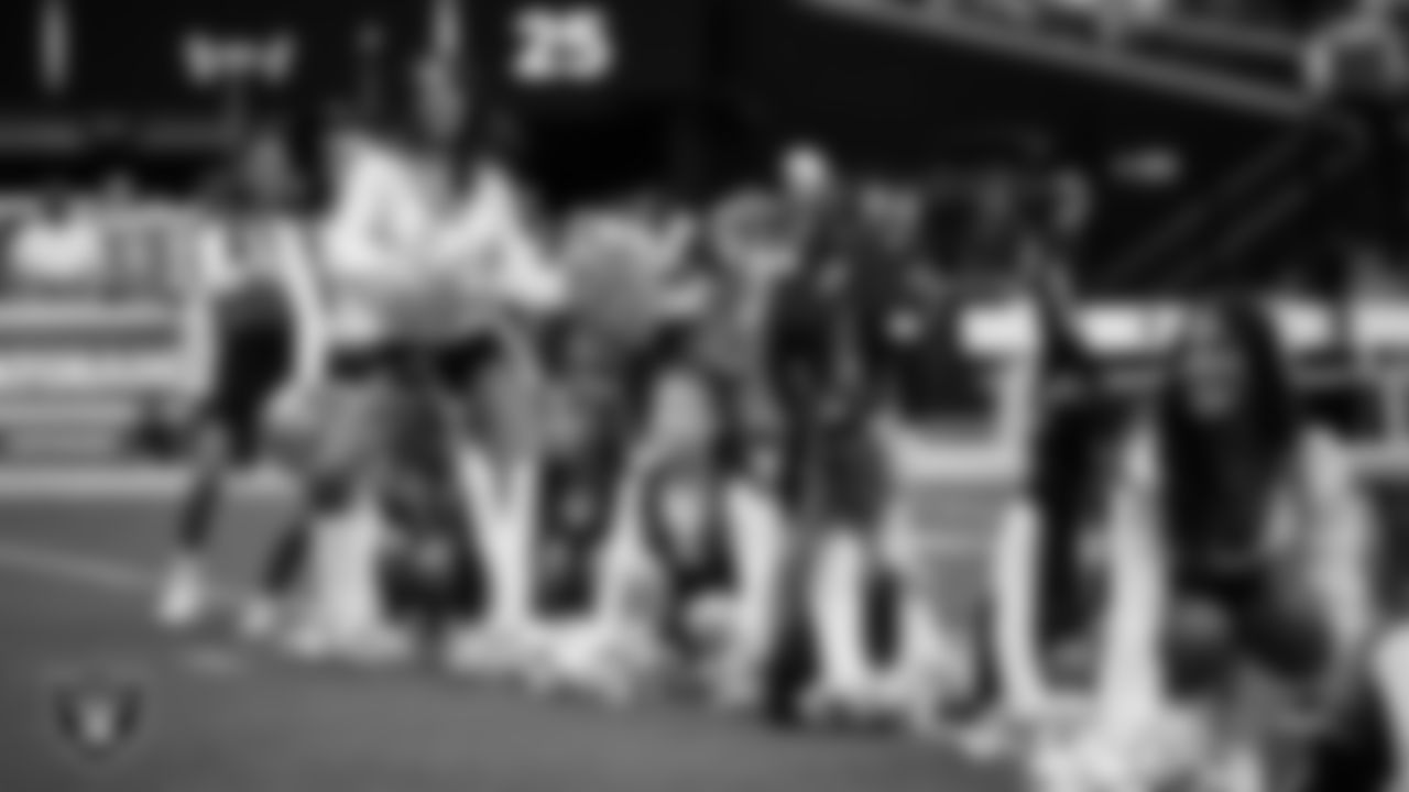 Raiderette Reagan and Junior Raiderettes perform on the field before the preseason home game against the San Francisco 49ers at Allegiant Stadium.