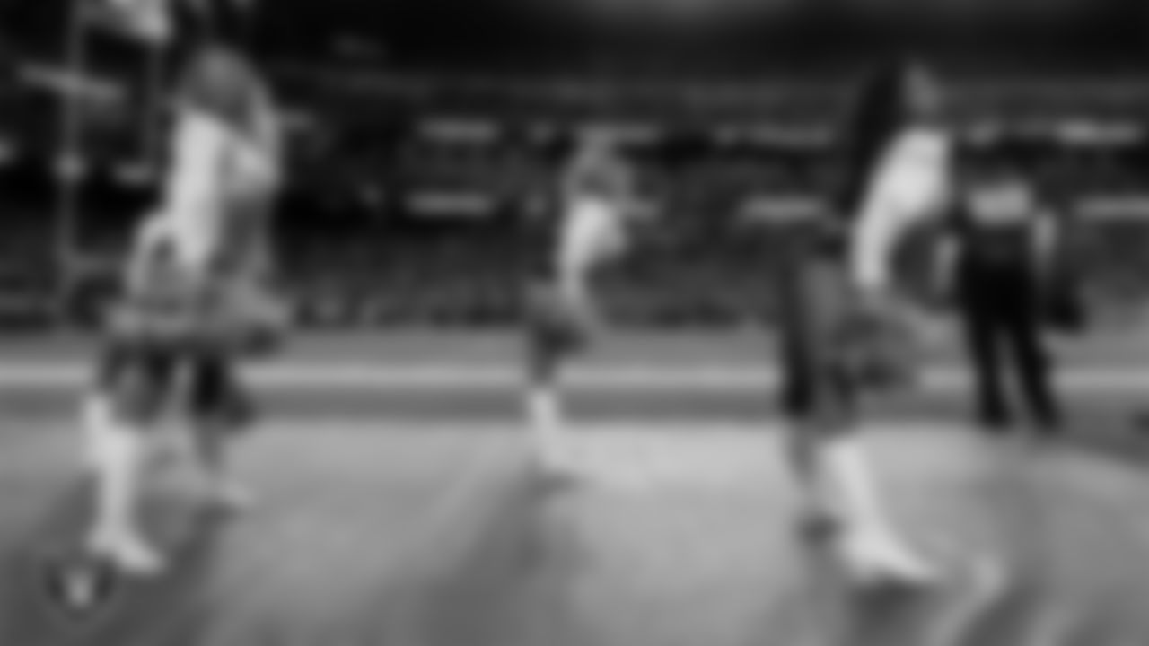 Raiderettes Jordie, Isabella and Annalise perform on the sidelines during the regular season home game against the Cleveland Browns at Allegiant Stadium.