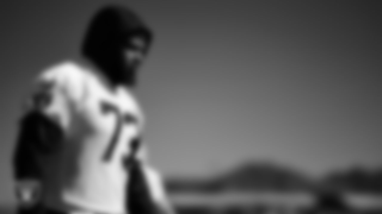 Las Vegas Raiders tackle Jalen McKenzie (73) during practice at Intermountain Health Performance Center.