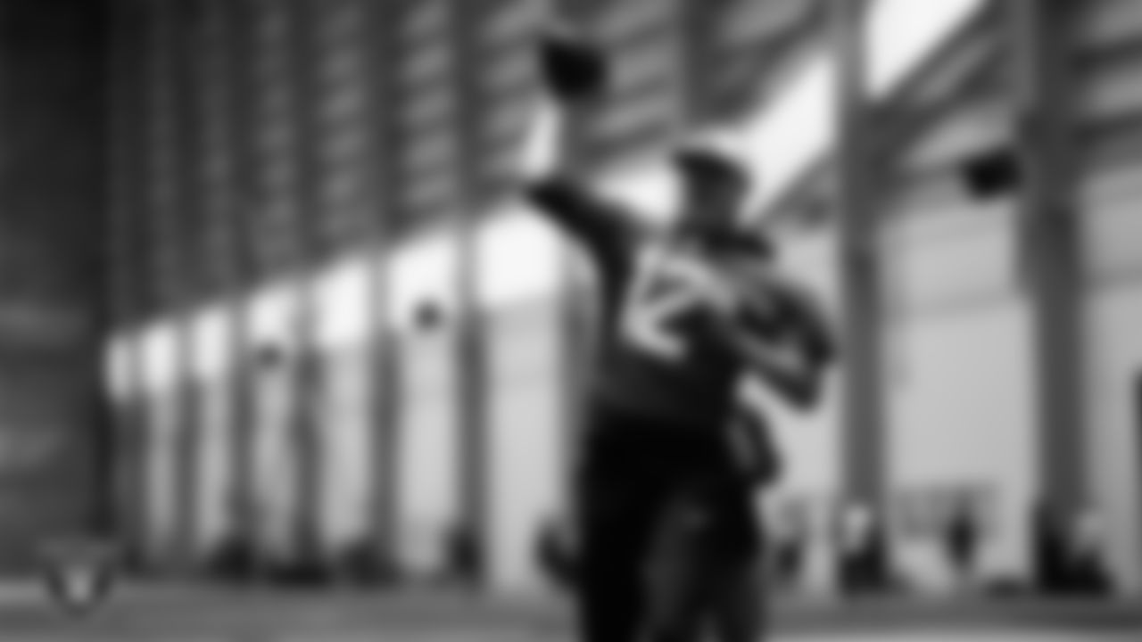 Las Vegas Raiders quarterback Aidan O'Connell (12) during practice at Intermountain Health Performance Center.