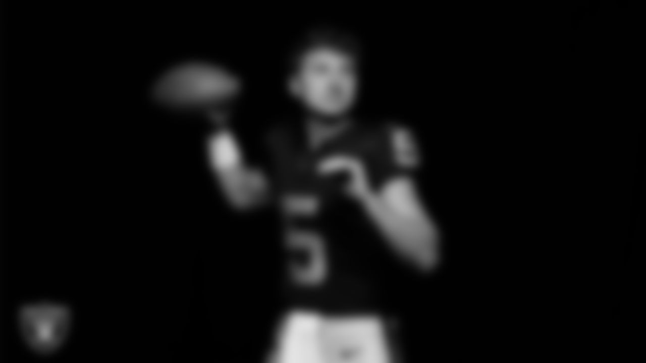 Las Vegas Raiders quarterback Cam Miller (5) poses for a photo at the 2025 Raiders Media Day.