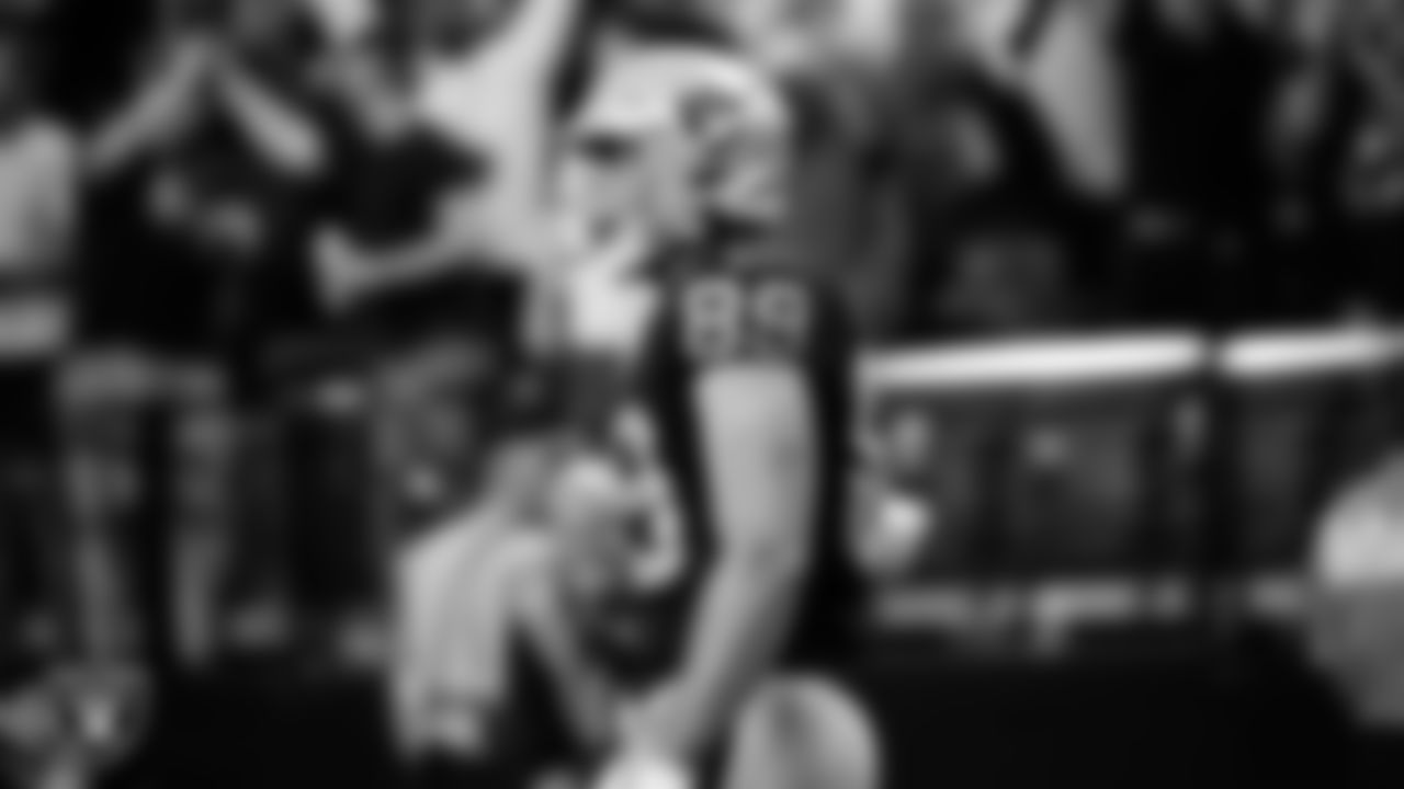 Las Vegas Raiders tight end Brock Bowers (89) celebrates after making a 27-yard touchdown catch during the regular season home game against the Jacksonville Jaguars at Allegiant Stadium.