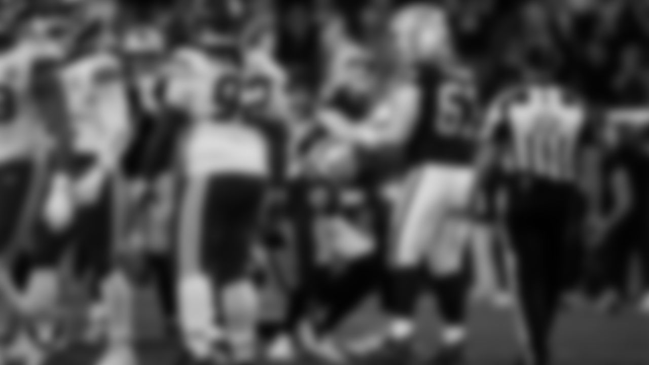 Las Vegas Raiders kicker Daniel Carlson (8) celebrates with teammates after kicking a 60-yard field goal during the regular season home game against the Kansas City Chiefs at Allegiant Stadium.