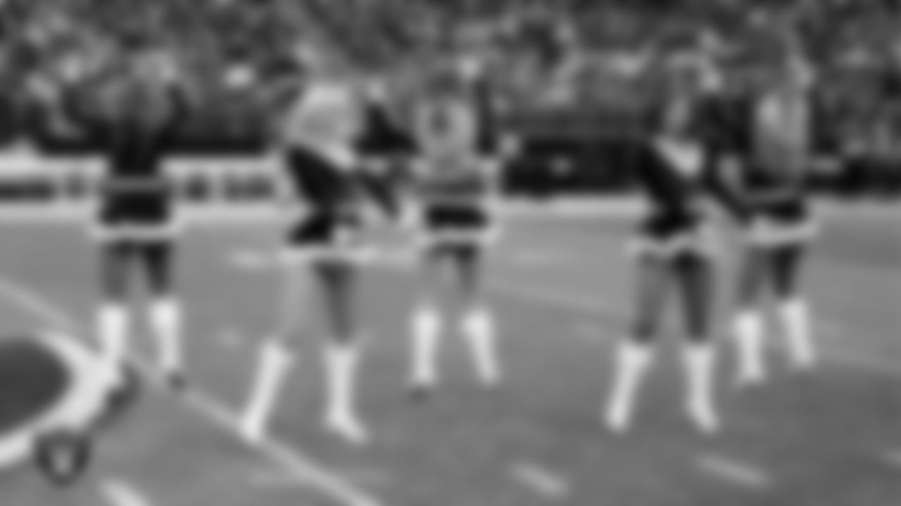 Raiderettes Kennedy and Maddie perform on the field before the regular season home game against the New York Giants at Allegiant Stadium.