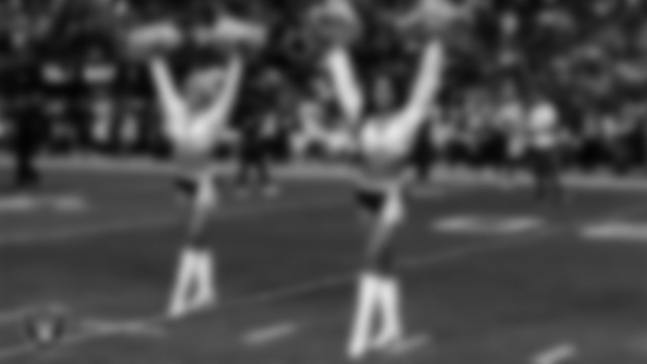 Raiderettes Isabella and Annalise during player introductions before the regular season home game against the Denver Broncos at Allegiant Stadium.