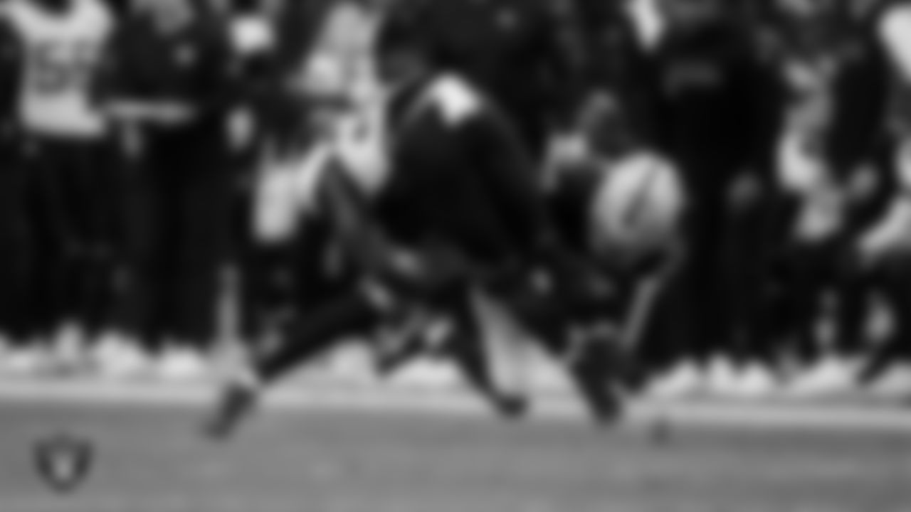 Las Vegas Raiders safety Tristin McCollum (27) makes a tackle during the regular season home game against the Jacksonville Jaguars at Allegiant Stadium.